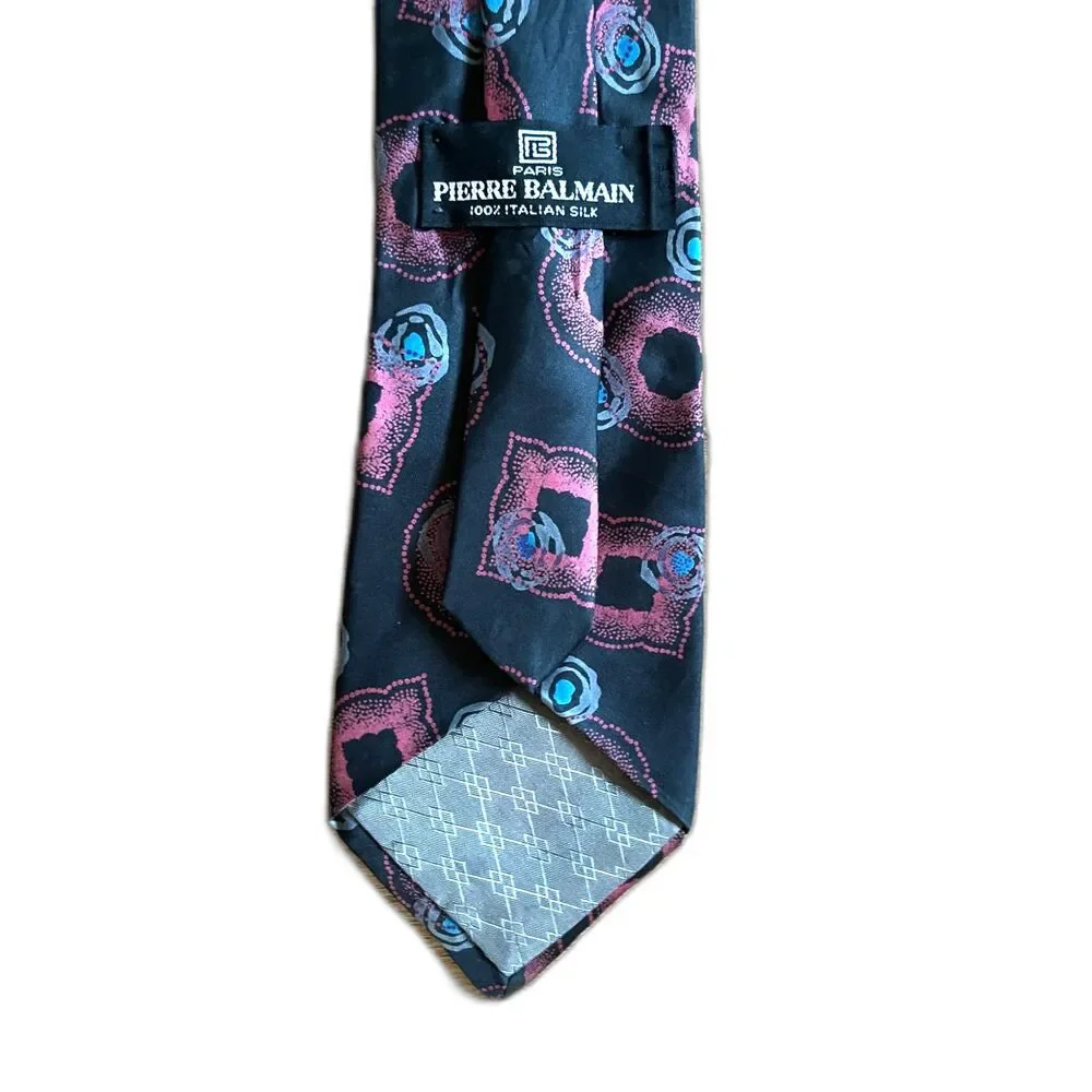 Vintage Pierre BALMAIN Paris Black Pink 100% Silk Pattern Neck Tie